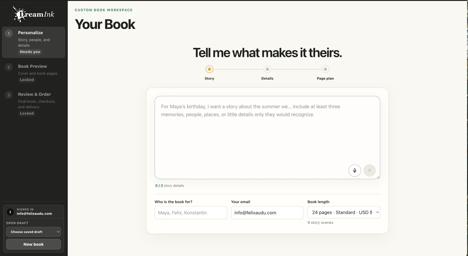 DreamInk CoCreate personalization stage for sharing story details