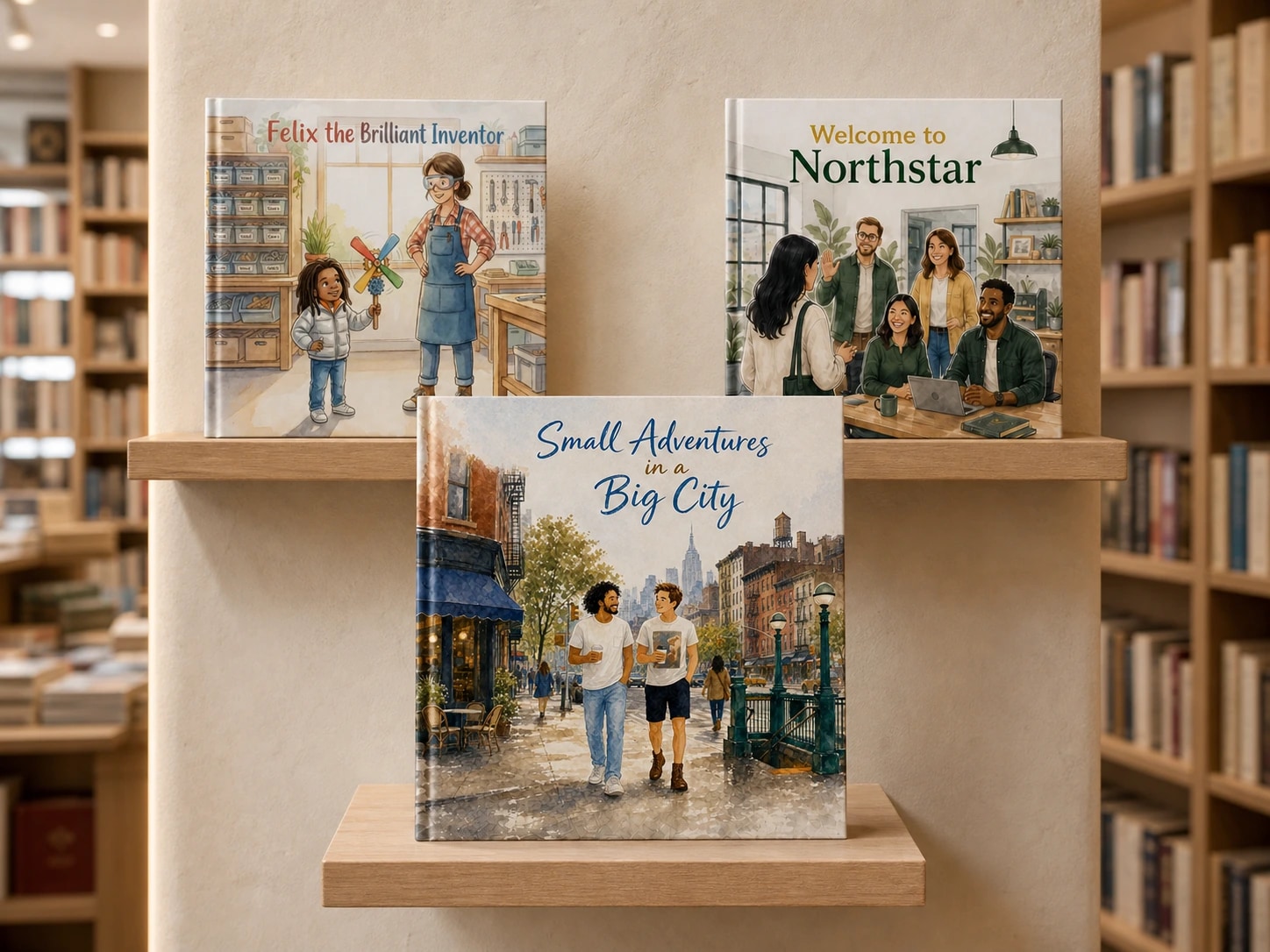 Three illustrated DreamInk editions displayed on warm wooden shelves in a bookshop