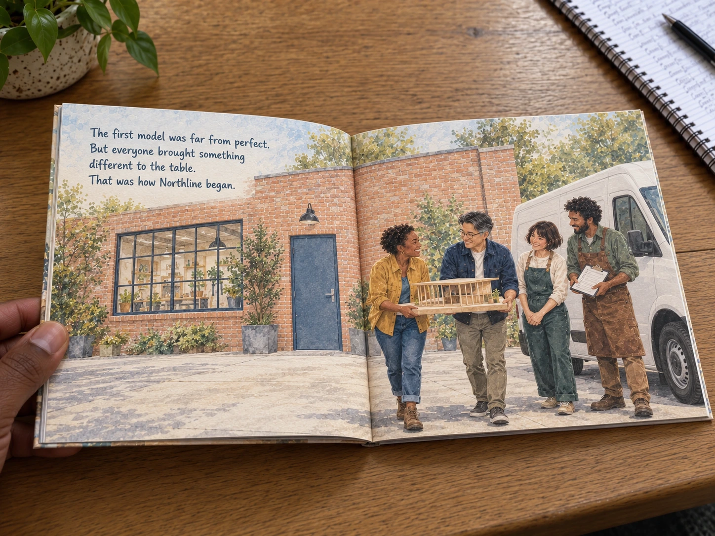 Example story for Northline: open illustrated spread