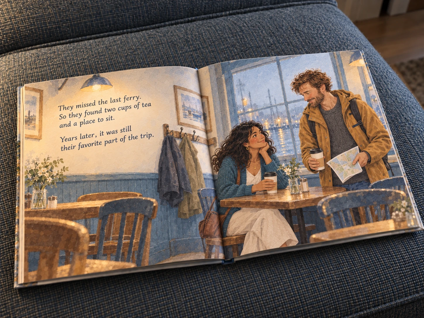 Example story for Maya & Alex: open illustrated spread