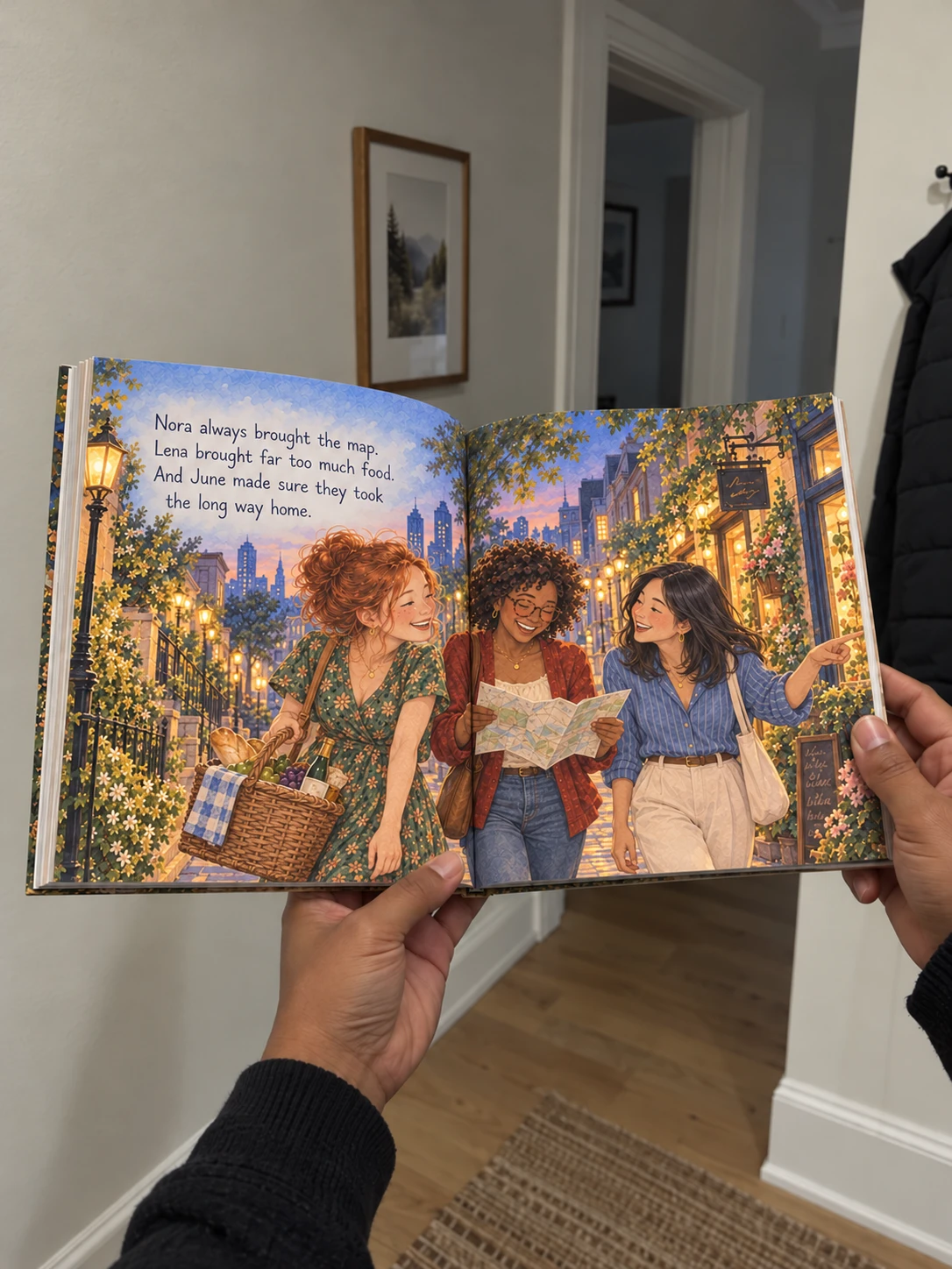 Example story for Nora: open illustrated spread