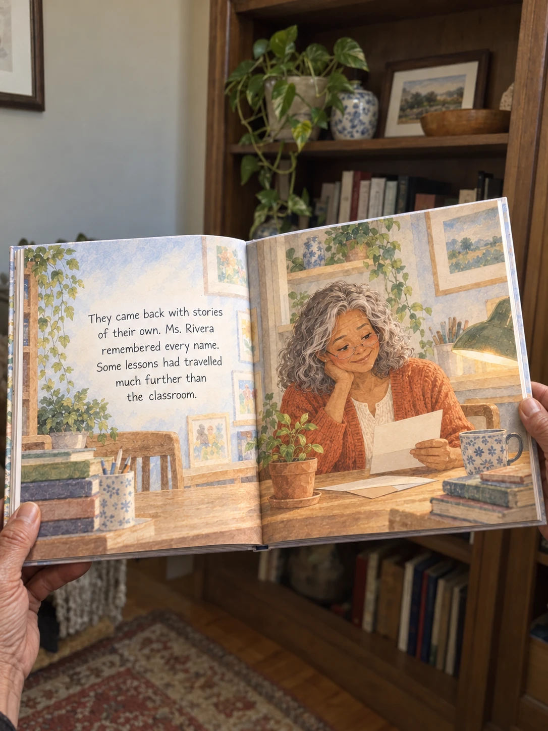 Example story for Ms. Rivera: open illustrated spread