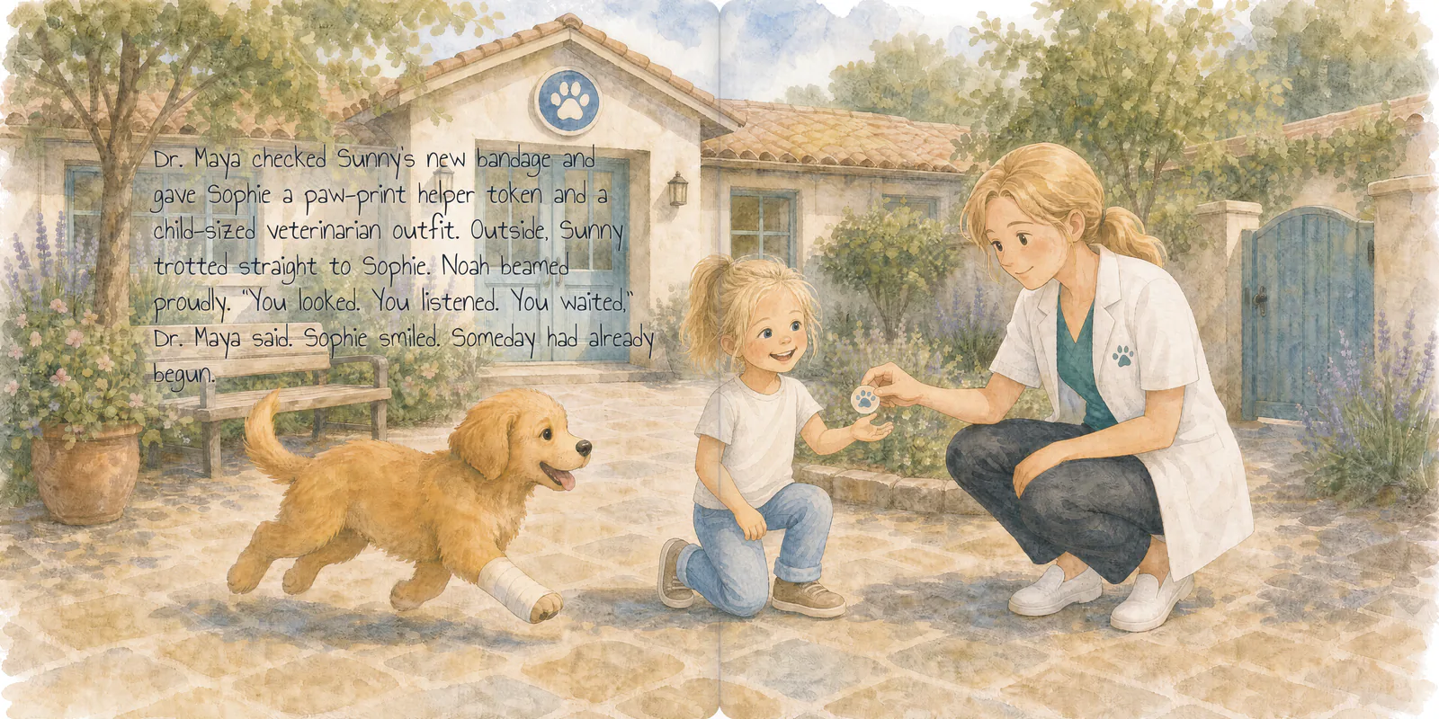 Watercolor spread from Sophie’s Day as a Veterinarian